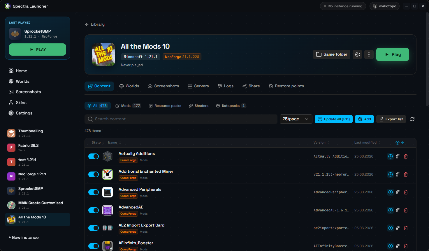 An instance page listing all installed mods with on/off toggles