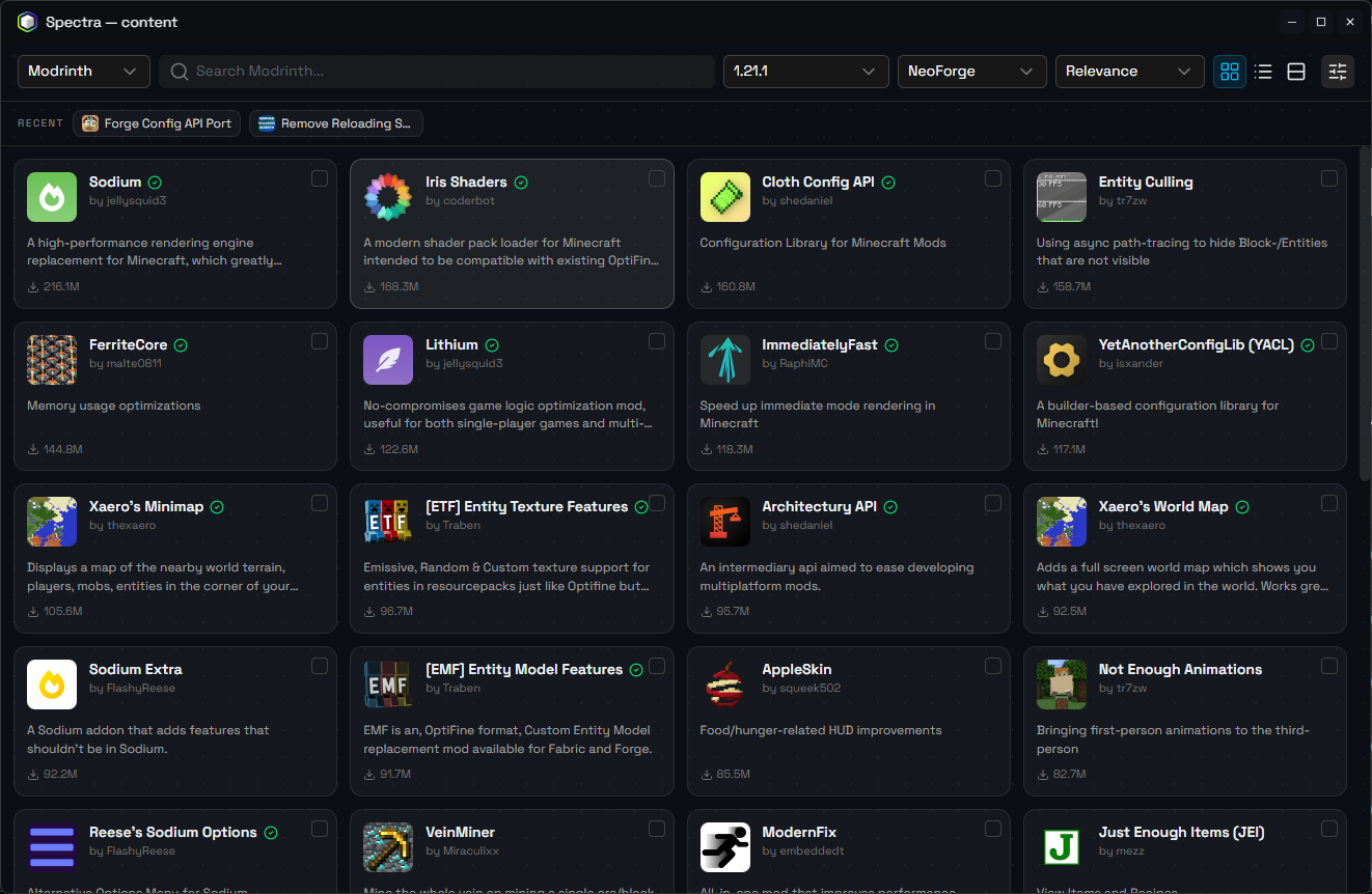 Built-in browser for searching and installing mods from Modrinth