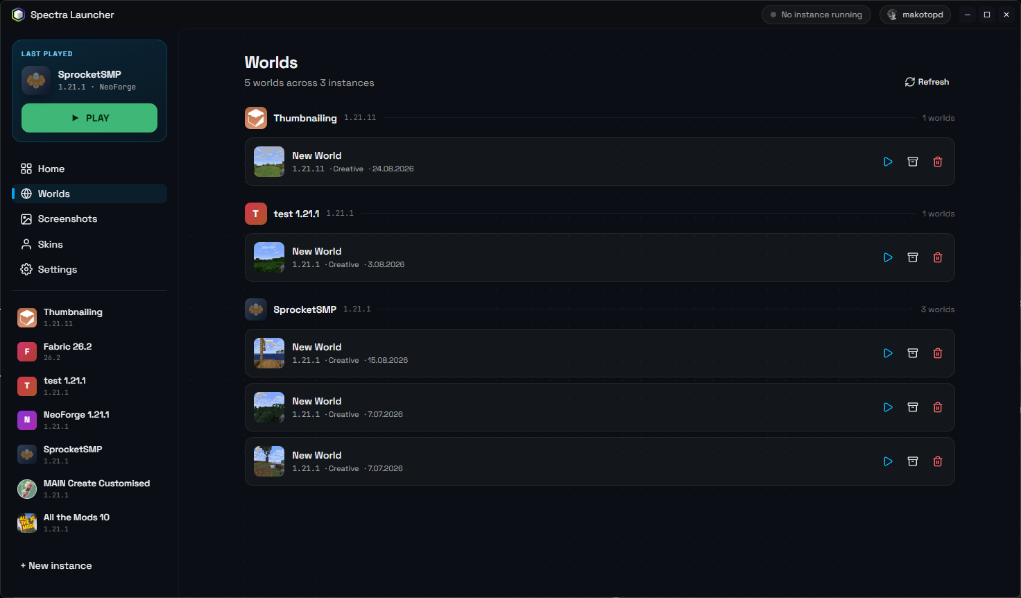 Worlds tab listing saved worlds from all instances